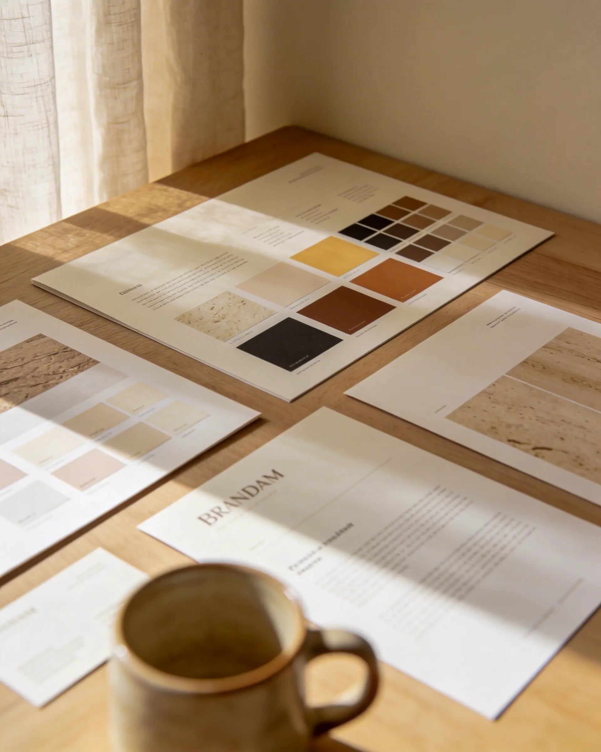 Brandboard avec palette de couleurs et éléments graphiques sur un bureau en bois