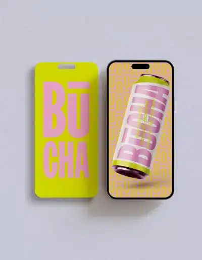 Identité visuelle vibrante pour la marque BÜCHA, design typographique rose et jaune fluo sur canette et fond graphique, conception Clemara Studio.