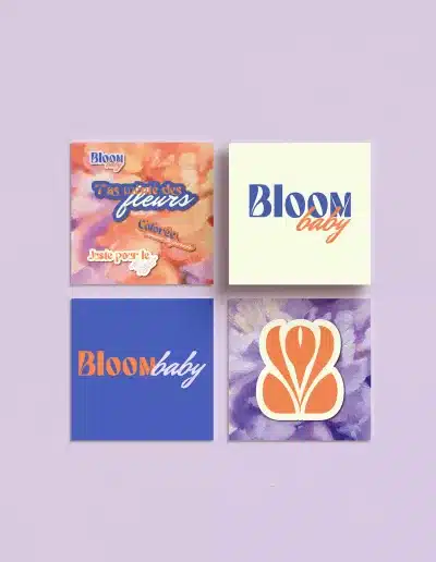 Identité visuelle poétique et colorée pour la marque Bloom Baby, typographies rétro et textures florales, création par Clemara Studio