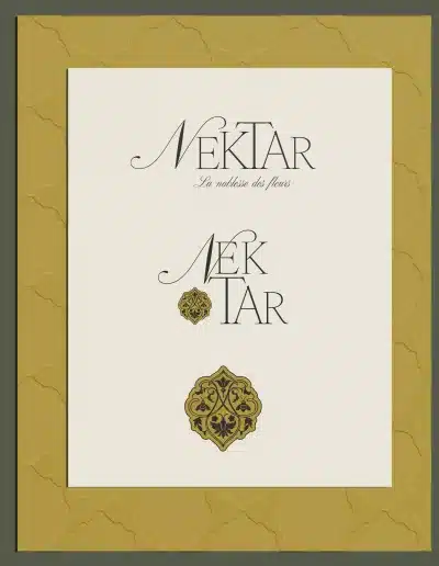 Identité visuelle élégante pour la marque NEKTAR, logo raffiné et ornement floral dans des tons dorés et verts, création par Clemara Studio
