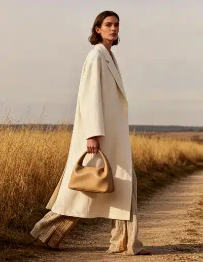 Création d’image par IA : femme en manteau écru marchant dans un champ doré, sac beige minimaliste, lumière naturelle et composition éditoriale