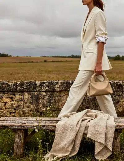Shooting virtuel IA : femme en tailleur blanc marchant le long d’un mur de pierre, ambiance champêtre et ton neutre, rendu photographique haut de gamme
