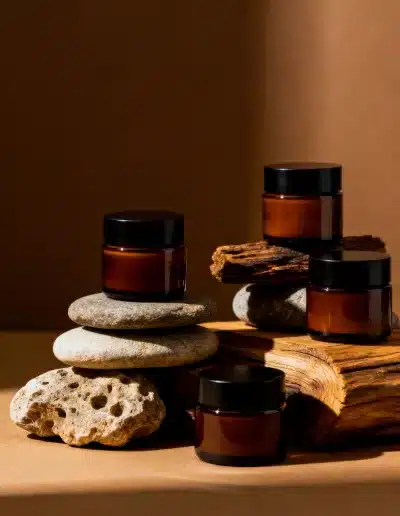 Image réaliste de pot en verre ambré sur fond beige, composition artistique avec éléments naturels et ombres douces, création d’image IA Clemara Studio