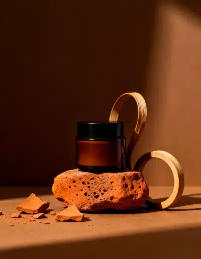 Visuel produit généré par IA : pot ambré posé sur une pierre volcanique et un élément en bois, ambiance terre cuite et éclairage naturel