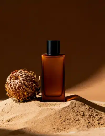 Shooting virtuel par IA : flacon ambré sur sable doré avec fleur séchée, lumière chaude et esthétique minimaliste, visuel produit haut de gamme