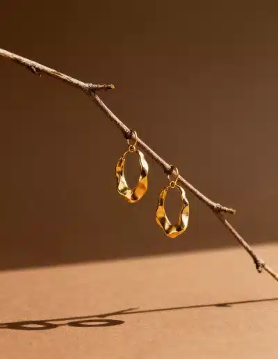 Visuel produit IA : boucles d’oreilles dorées suspendues à une branche sur fond brun, composition minimaliste et lumière naturelle