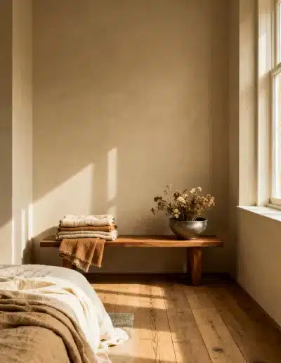Création d’image par IA : intérieur minimaliste avec lit en lin et banc en bois, lumière naturelle douce et ambiance apaisante.