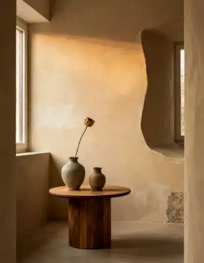 Visuel réaliste généré par IA : table ronde en bois avec vases en céramique, lumière dorée et textures minérales dans un espace épuré