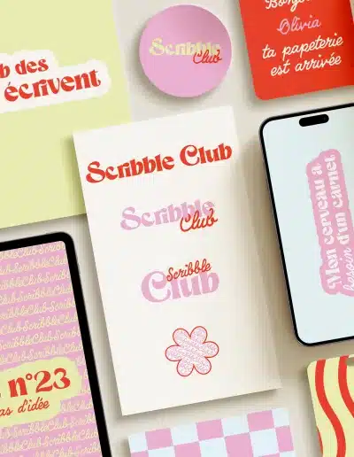 Identité visuelle colorée et joyeuse pour la papeterie Scribble Club, design rétro et typographies expressives imaginées par Clemara Studio